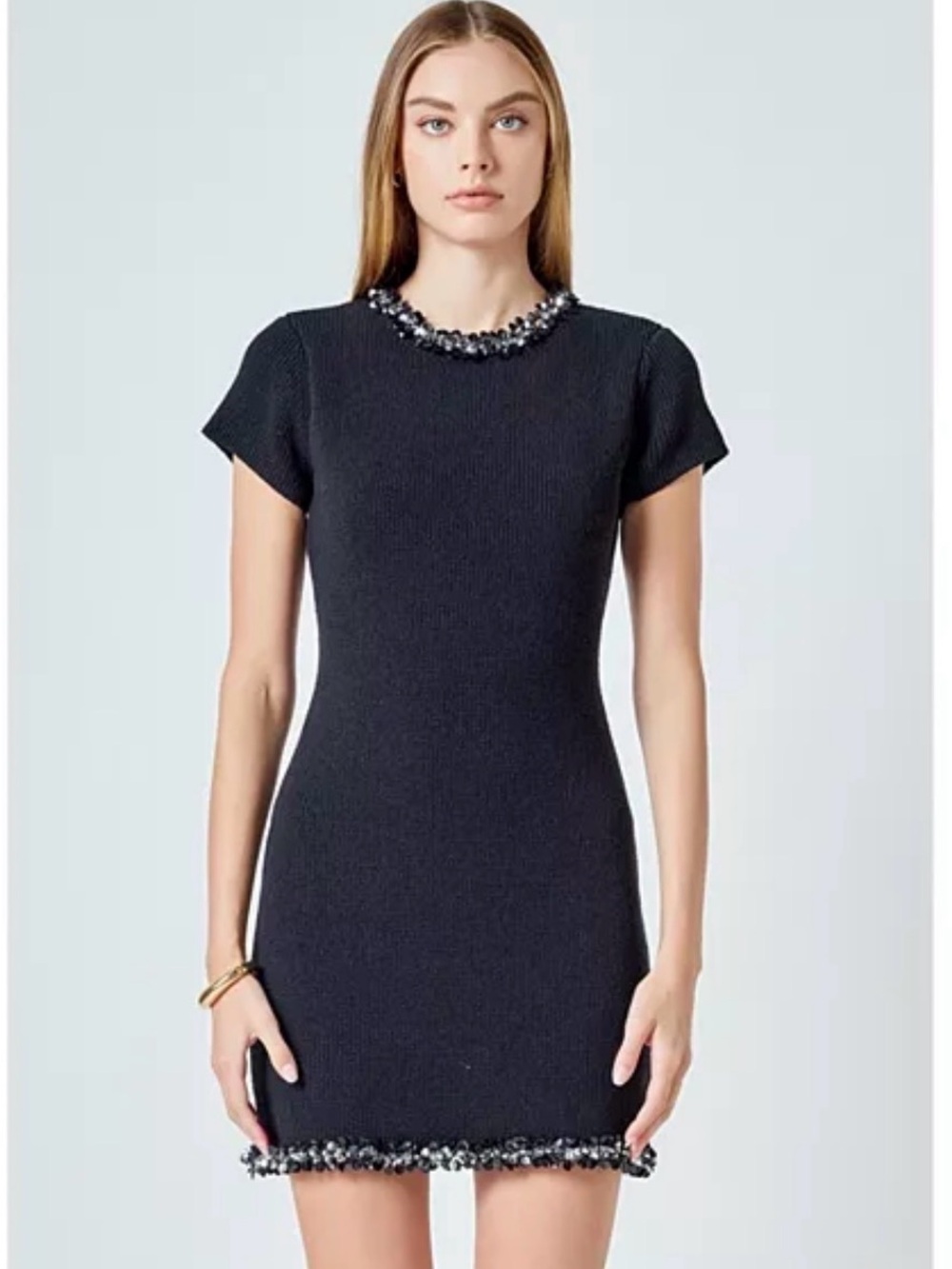 Endless Rose Black Short Sleeve Mini Dress with Beaded Trim